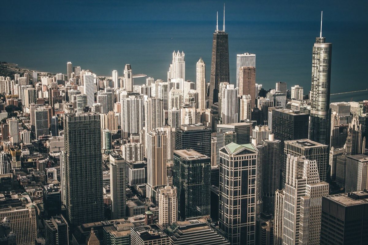 Aerial view of downtown Chicago and the John Hancock Center along Lake Michigan